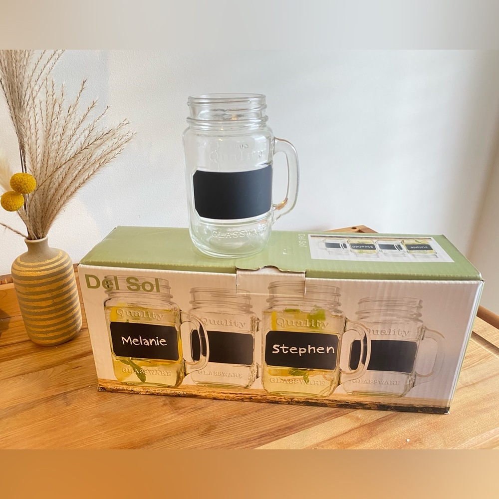 DEL SOL Set of 4 Mason Mugs Jars Drink Glasses with Handle and Chalkboards 17oz.